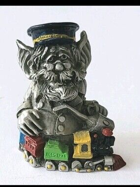 VINTAGE 1990 HUDSON PEWTER SANTA'S TOY WORKSHOP ELF WITH TOY TRAIN FIGURINE